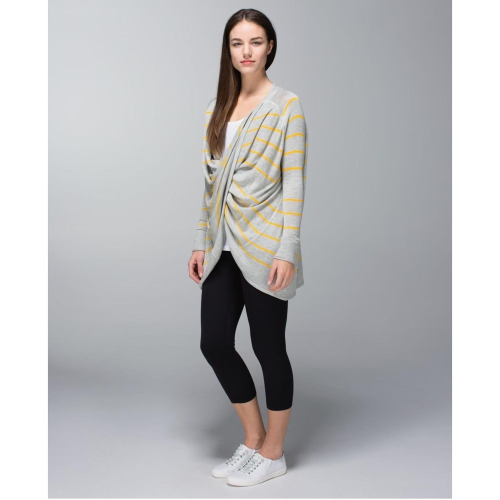 Lululemon NWT Yogi Wrap Cashmere Blend Draped Sweater Grey Yellow Stripe Size 4